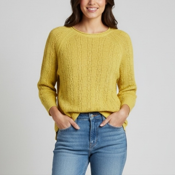 Anthro Sparrow 100% Cotton Yellow 3/4 Sleeve Cable Knit Crew Neck Sweater Sz XS - Picture 1 of 10